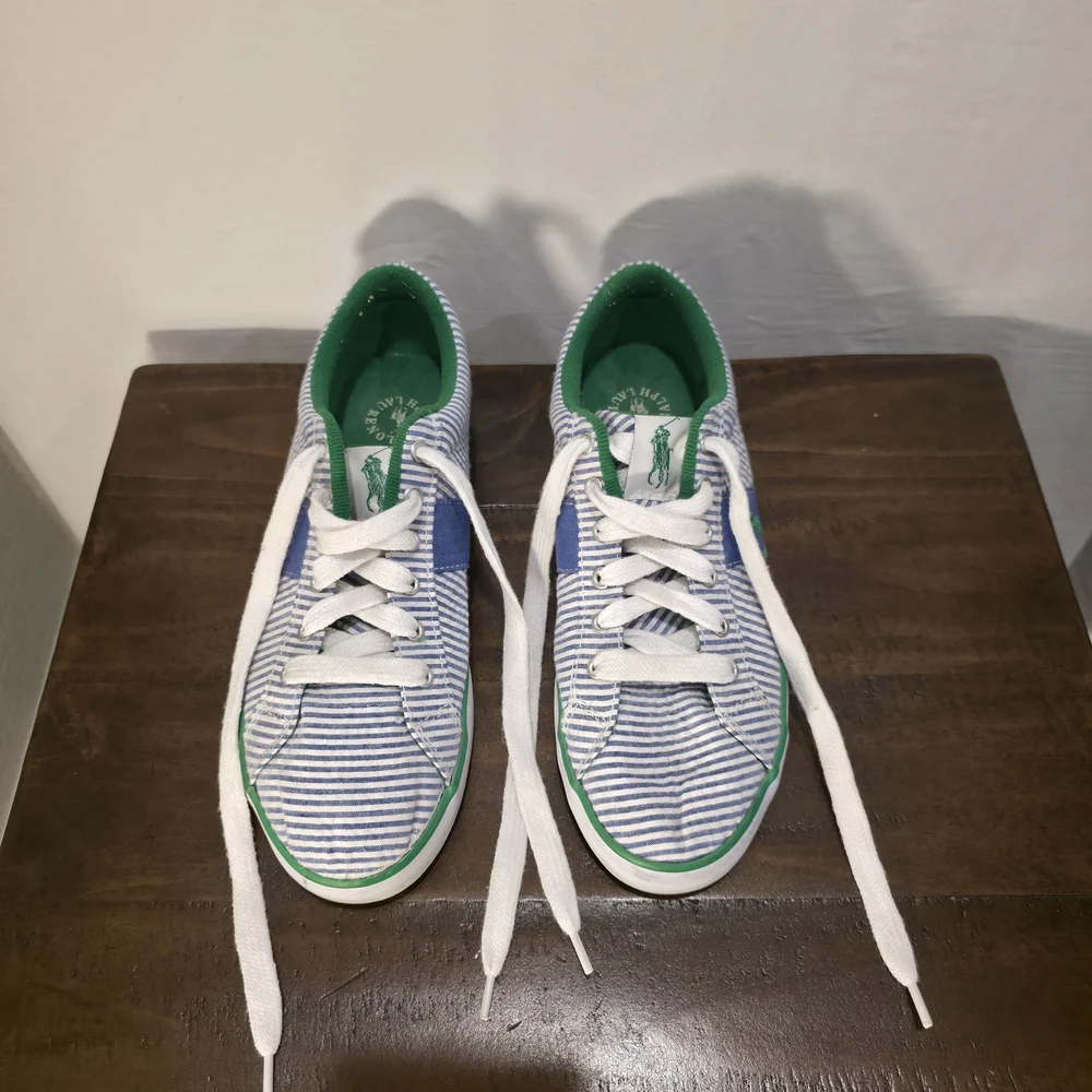 Polo Ralph Lauren Seersucker Sneakers Blue White Stripe Green Pony Size 9B Prep - Picture 8 of 10